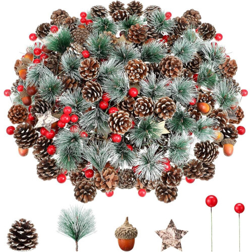 LANTERNA Set di 108 pezzi di pigne artificiali e bacche rosse per Natale