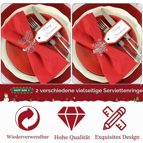 12 sølvservietringe, 6 snefnug-rensdyr 2
