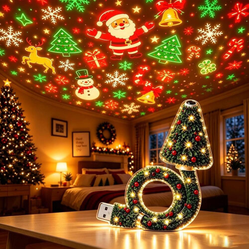 Projetor de árvore de Natal USB HD Plug and Play com 6 cenas festivas.