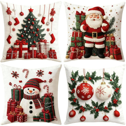 Linnen kerstkussensloop, 45x45 cm, set van 4, rode kerstkussensloop
