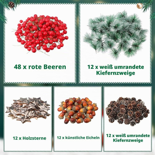 LANTERNA Set di 108 pezzi di pigne artificiali e bacche rosse per Natale 1
