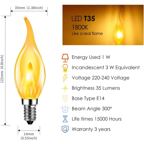 Φλόγα LED E14 Θερμό Λευκό 1W, Λάμπα Κεριού T35 Λάμπα με Εφέ Φλόγας 1