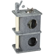 PawHut Arbre à chat 3 niveaux, 80 cm de hauteur, 2 niches, gris et beige, pour chat jusqu'à 5 kg