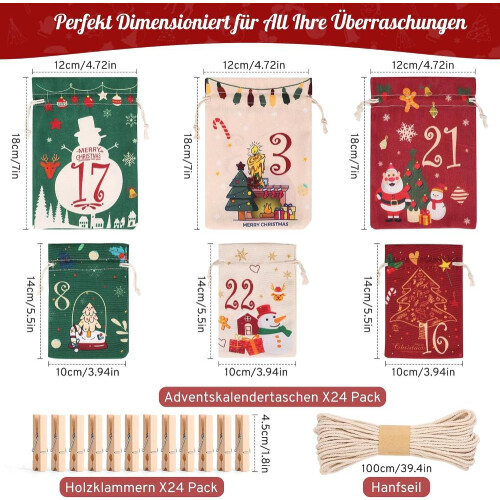 Ημερολόγιο Advent DazSpirit για Γέμισμα, Τσάντες DIY, 24 Μεγάλες Υφασμάτινες Τ 1