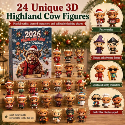 Ημερολόγιο Advent Highland Cow 2026, 24 τεμάχια 3D Χριστουγεννιάτικο Ημερολόγι 2