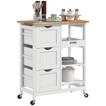 Homcom Keukenkar, 67x37x85,5 cm, 3 laden en 3 planken, wit en natuurlijk hout, met wielen