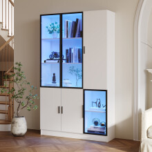 Vitrine haute 120x35x200 cm avec éclairage LED, 3 portes en verre et cadre en aluminium, 10 espaces de rangement