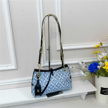 (Blue) Women's Color Printed Chain Tote Bag Contrast Color Leather Decoration HOBO Hobo Bag