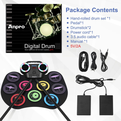 Anpro Electric Drum Set, 9 Pads Roll-up with Headphone Jack & Speaker 1