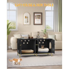Meuble Cache-Litière pour 2 Chats, Cabinet de Rangement en Bois et Acier Noir et Or, 119 x 50 x 61 cm