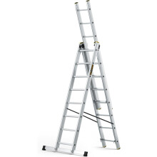 DRABEST Escada Série PRO de Alumínio, 3 tramos, 3x8 degraus, até 150 kg, altura de trabalho 5,05 m, com ganchos