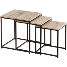 Conjunto de 3 mesas de centro nido, metal preto e tampo cor carvalho, 40x35x30 cm