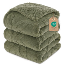 PHF Soft Sherpa Fleece Blanket Rings Jacquard Dark Olive 230x270cm