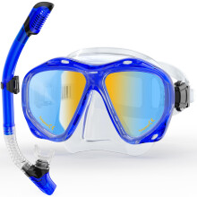 Snorkeling Gear for Adults, Snorkel Mask With Mirrored Tempered Glass Lens 180 Wide View Anti-Fog Scuba Diving Mask, Professional Snorkel Set for Sw