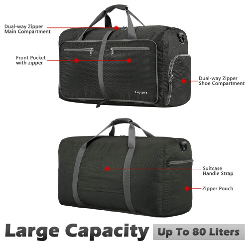 Gonex Foldable Travel Duffle Bag, 80L Lightweight with Shoe Compartment 2