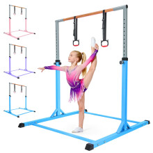 Minifactory Adjustable Gymnastics Bar for Kids Ages 3-15, Solid Wood Gymnastics Training Equipment with Rings, Height Adjustable 3ft–5ft Gym Bar for