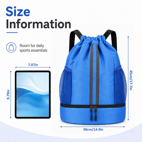 Pinboov Waterproof Drawstring Bag, PE Kit Bag with Shoe Compartment Blue 1