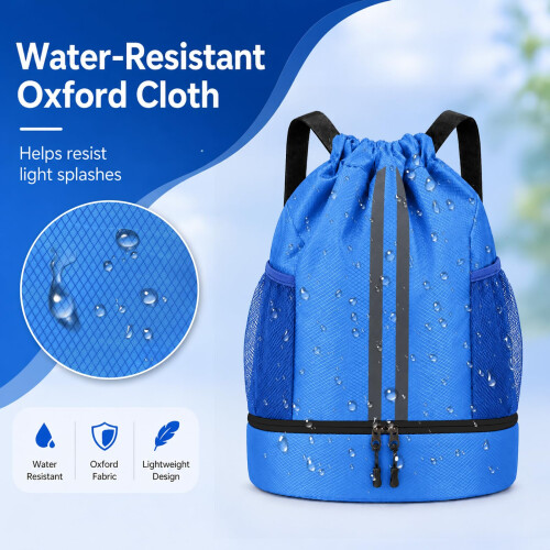 Pinboov Waterproof Drawstring Bag, PE Kit Bag with Shoe Compartment Blue 2