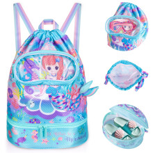 PinkSheep Swimming Bag for Kids, Gym Drawstring Backpack for Girls Boys - Waterproof Beach Bags with Shoes Compartment and Wet Proof Pocket for Swimmi