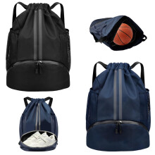 VEGCOO Drawstring Bags, Waterproof Gym Bag Unisex Oxford Basketball Volleyball Football Kit Bag for Swimming Gym Travel (Black/Navy Blue)