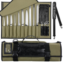 WISEPRO Chefs Knife Roll Bag, Heavy Duty Canvas & Leather Knife Case, Waterproof Knife Case with 10 Slots & 1 Detachable Storage Bag, for Home Kitchen