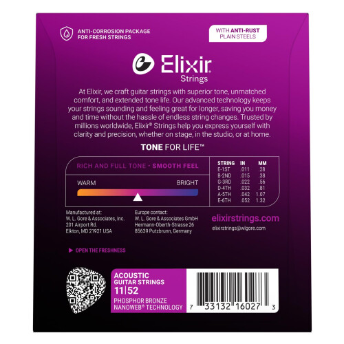 Elixir 16027 Strings Phosphor Bronze Acoustic Guitar Strings w NANOWEB Coating, Custom Light (.011-.052) 1