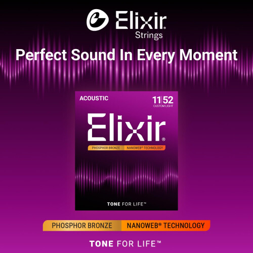 Elixir 16027 Strings Phosphor Bronze Acoustic Guitar Strings w NANOWEB Coating, Custom Light (.011-.052) 2