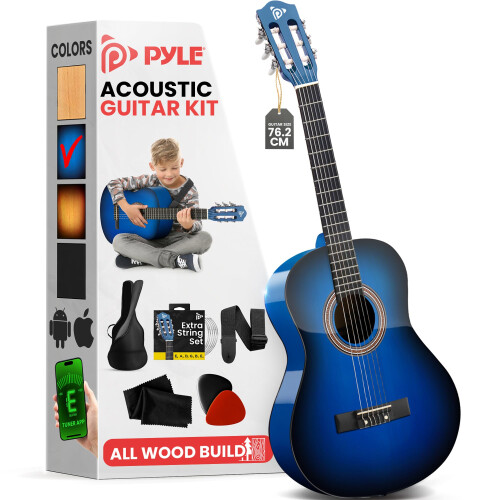 Pyle Classical Guitar 3/4 Size, Beginner Kit w/Tuner, Blue Sunburst
