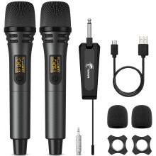 TONOR Wireless Microphones, UHF Cordless Handheld Dynamic Mics with 6.35mm Rechargeable Receiver, 60 m Range, 2 * 5 Adjustable Channels for Karaoke, S