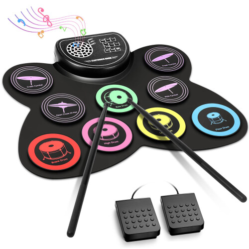 Anpro Electric Drum Set, 9 Pads Roll-up with Headphone Jack & Speaker