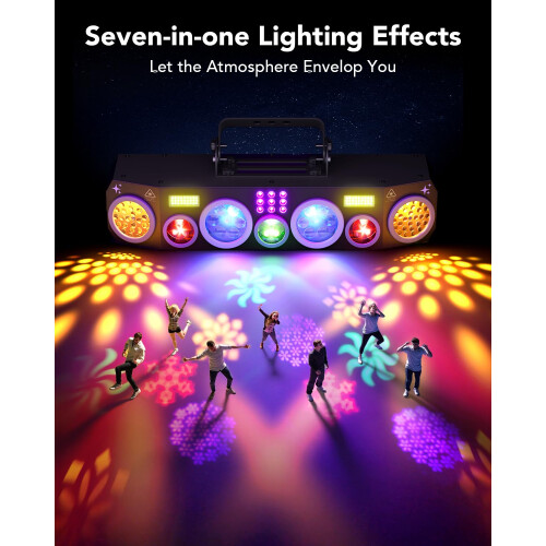 KeoBin 7 in 1 Disco Lights，Rotating LED Patterns with RGB & UV Strob Beam 1