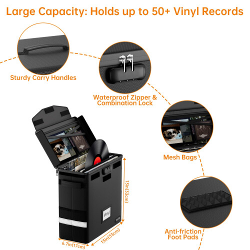 Tamfile LP Storage Case, Fireproof Vinyl Record Box with Lock, Black 2