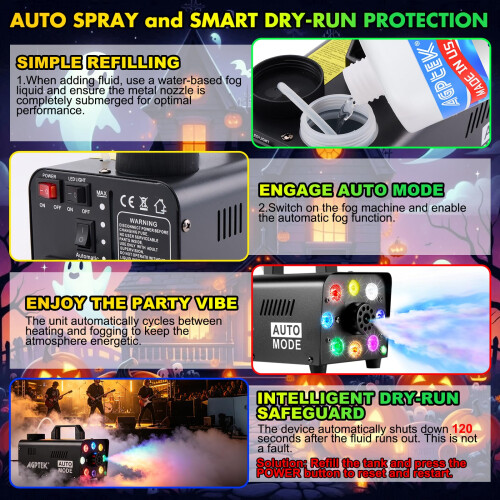AGPtEK Fog Machine Smoke Machine 2000CFM RGB LED Low Fluid Auto Shutoff 2