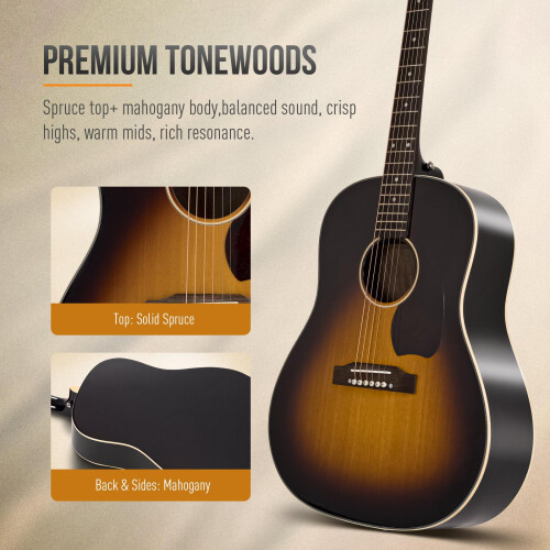 SONICAKE 41" Acoustic Steel-String Guitar, Solid Spruce Top, Sunburst 2