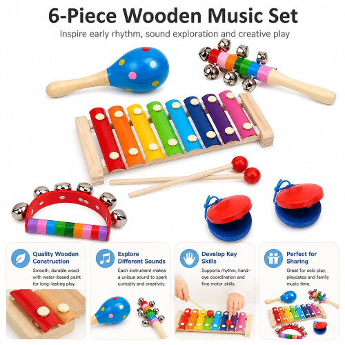 6PCS Musical Instruments Set, Xylophone and Hand Shakers for Group Sessions 2