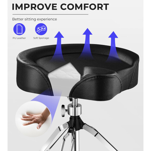 vangoa Saddle Shape Drum Stool Thick Padded Adjustable Drummer Throne Stool with Drumsticks, Black 2