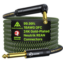 AA AUDIO ACCESSORY Pro Series Guitar Cable 1.8 m, Gold-Plated Neutrik REAN Connector, 18 AWG 99.99% OFC, Low Capacitance Straight to Right Angle 6.35m