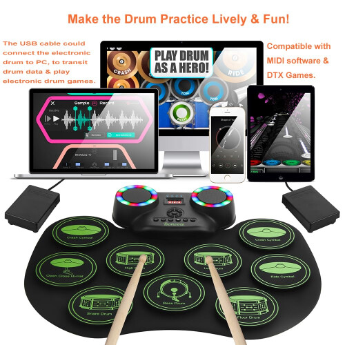Electronic Drum E-Drum Kit, Roll Up Drum with MIDI, DTC, 1800mAh Battery 1