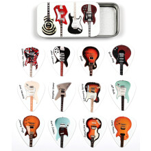 Tin of 12 Guitar Plectrums, Featuring Famous Guitars, Harmony Picks