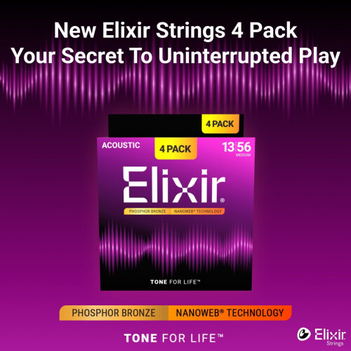 Elixir Strings Phosphor Bronze Acoustic Guitar Strings with NANOWEB Technology, Medium (.013-.056) - Amazon Exclusive 4 Pack 2