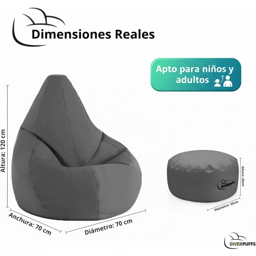 Diverpuff Puff Pera XXL Cinzento com Repousa-pés e Enchimento Incluído para Interior e Exterior 1