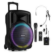 Fenton FT15LED MK2 15" Battery Powered Portable PA System with Bluetooth, Wireless Handheld & Headset Microphones, LED Lighting, Ideal for Fitness Cla