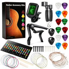 Acoustic Guitar Accessory Kit, Luthier Tool Set with Tuner, Capo, 3 Sets Guitar Strings (18 pcs), String Winder Cutter Peg Winder, 12 Bridge Pins, Fre