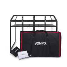 VONYX DB5 Portable DJ Booth – 6-Sided Foldable Aluminium Deck Stand with Metal Shelf, Black & White Lycra Covers & Professional Carry Bag for Mobile
