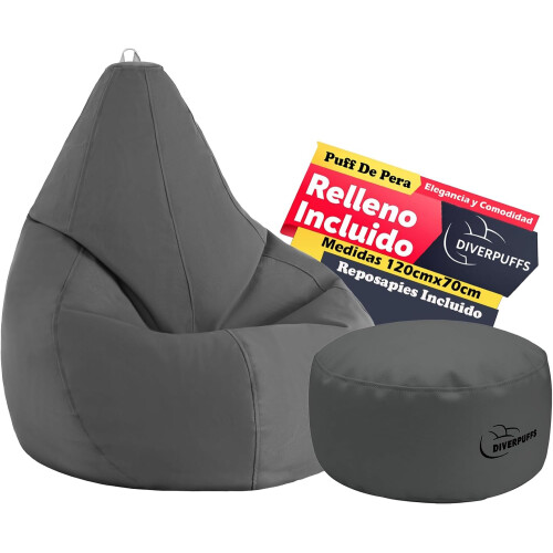 Diverpuff Puff Pera XXL Cinzento com Repousa-pés e Enchimento Incluído para Interior e Exterior