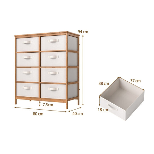 Commode van bamboe met 8 laden en uitneembare stoffen opbergbakken.
