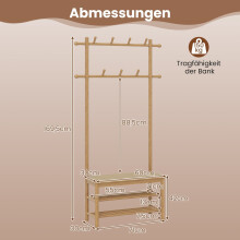 Kapstok met schoenenbankje, bamboe, 2 stangen, 13 haken