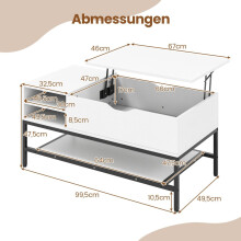 Salontafel met opklapbaar blad en verborgen opbergruimte, wit hout