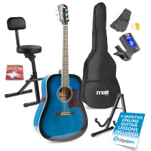 MAX SoloJam Blue Beginner Acoustic Guitar Starter Kit - Full Size Classical Instrument Bundle with Stool Backrest, Folding Stand, Digital Tuner & Onli