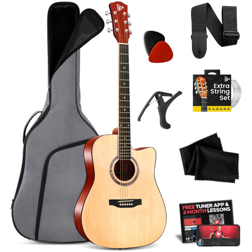 Pyle Cutaway Acoustic Guitar, Full Size, Steel String Starter Kit, Natural
